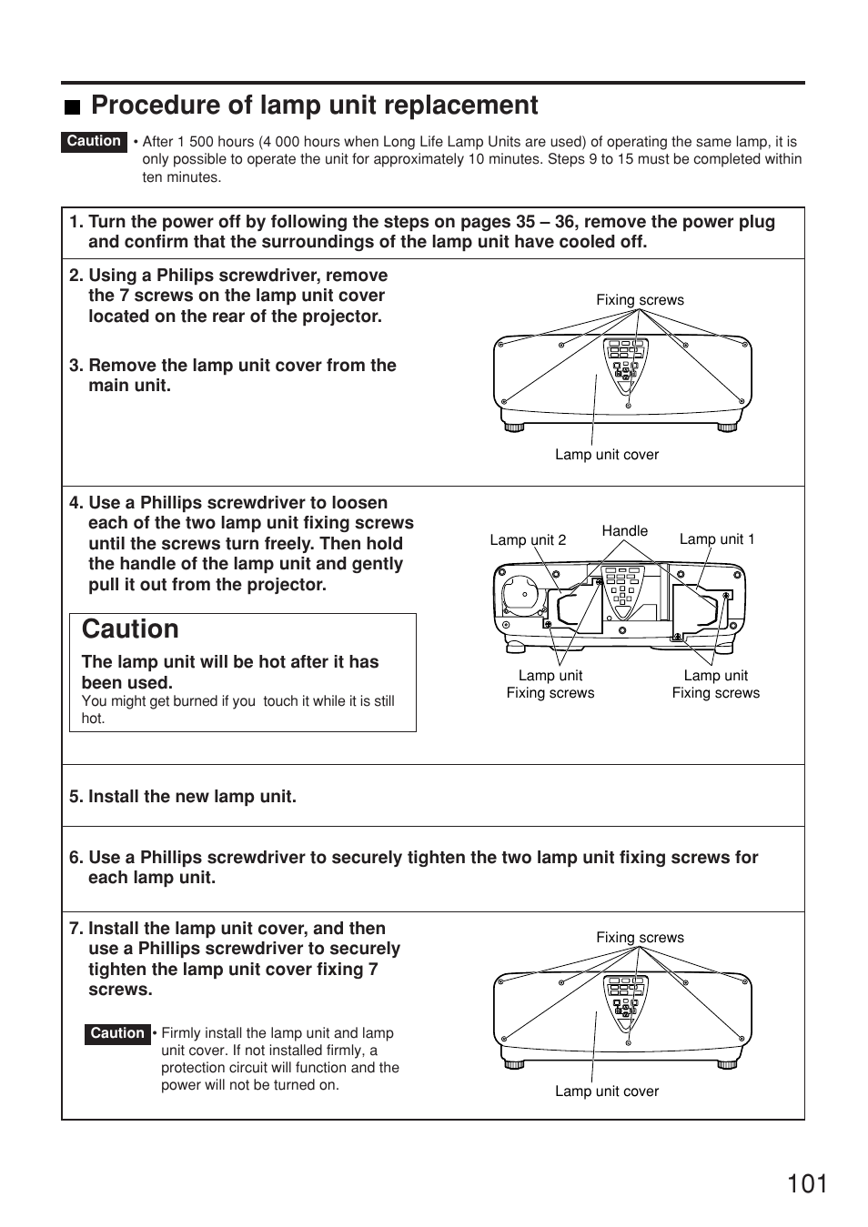 Caution, Procedure of lamp unit replacement | Panasonic PT-DW7000U User Manual | Page 101 / 116