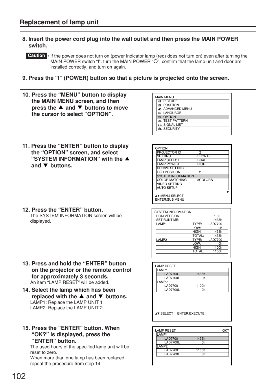 Replacement of lamp unit | Panasonic PT-DW7000U User Manual | Page 102 / 116