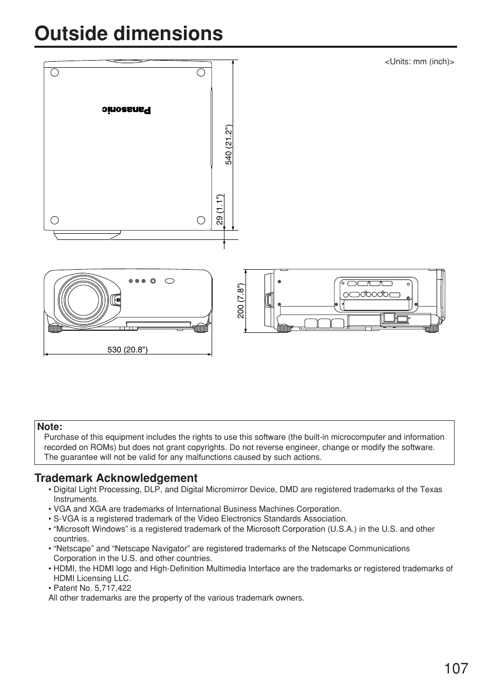 Outside dimensions, Trademark acknowledgement | Panasonic PT-DW7000U User Manual | Page 107 / 116