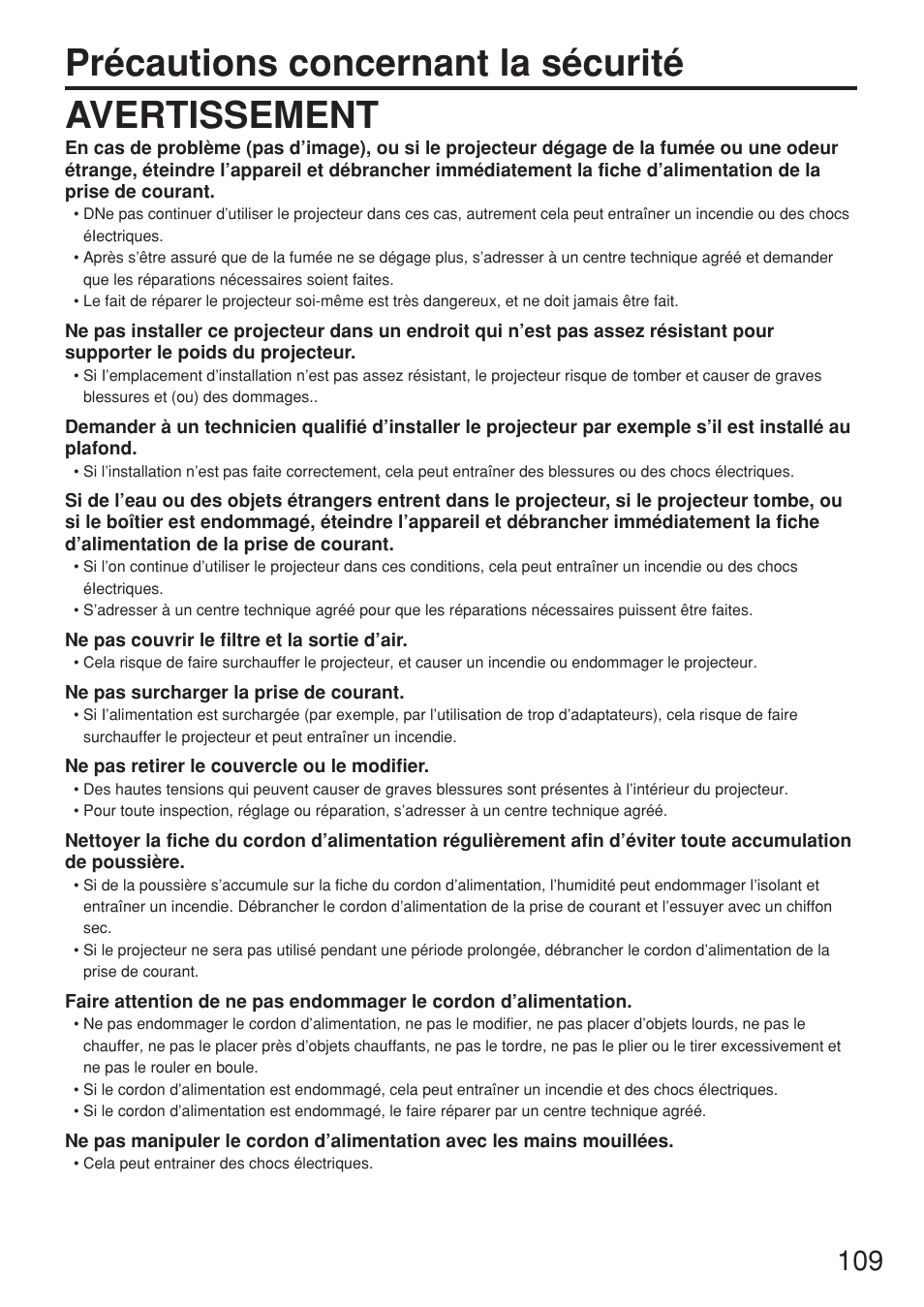 Précautions concernant la sécurité avertissement | Panasonic PT-DW7000U User Manual | Page 109 / 116