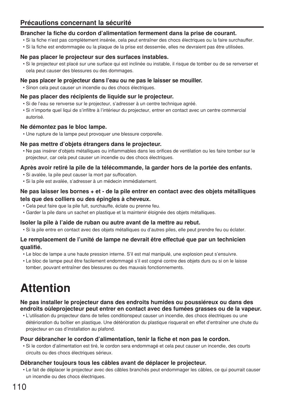 Attention, Précautions concernant la sécurité | Panasonic PT-DW7000U User Manual | Page 110 / 116