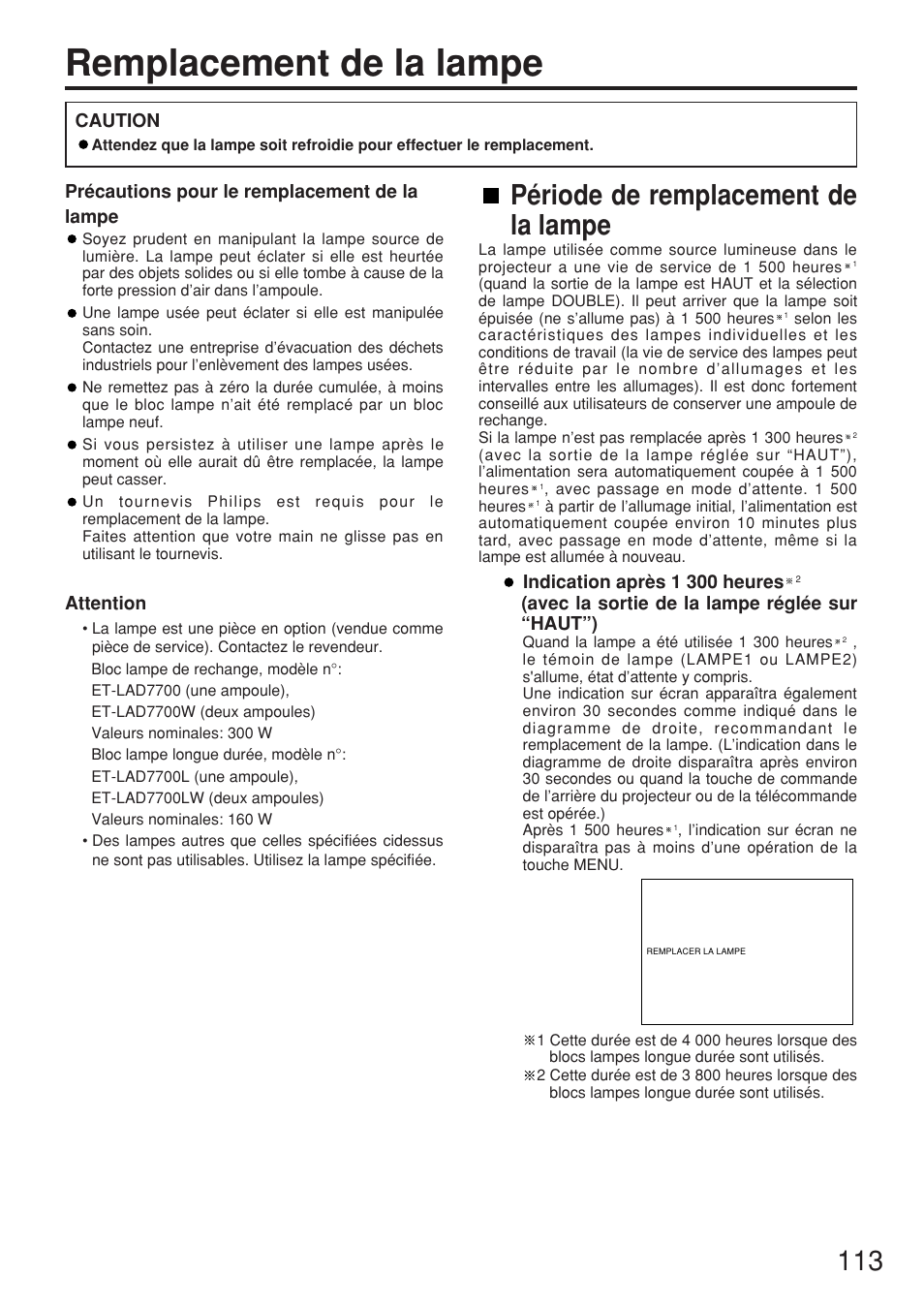 Remplacement de la lampe, Période de remplacement de la lampe | Panasonic PT-DW7000U User Manual | Page 113 / 116
