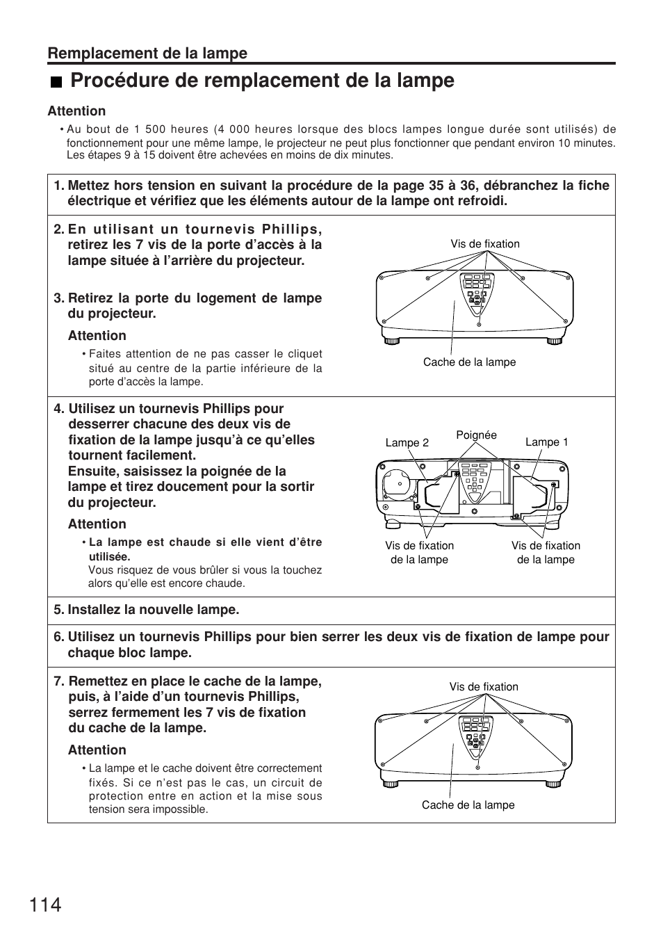 Procédure de remplacement de la lampe, Remplacement de la lampe | Panasonic PT-DW7000U User Manual | Page 114 / 116