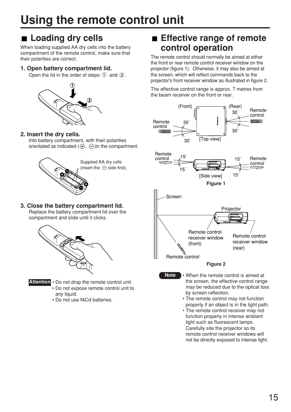 Using the remote control unit, 15 loading dry cells, Effective range of remote control operation | Panasonic PT-DW7000U User Manual | Page 15 / 116