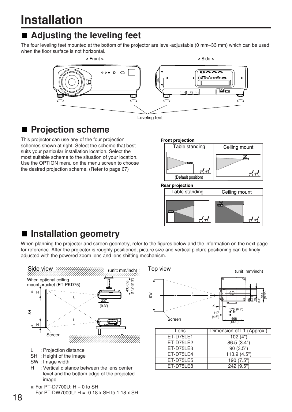 Installation, 18 projection scheme, Adjusting the leveling feet | Installation geometry, Side view | Panasonic PT-DW7000U User Manual | Page 18 / 116