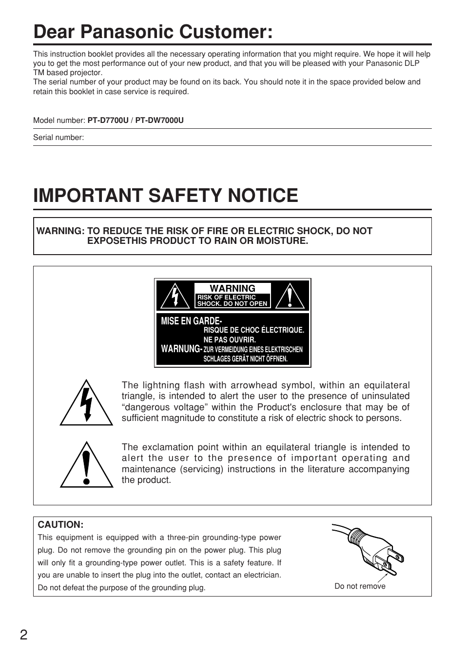 Dear panasonic customer, Important safety notice | Panasonic PT-DW7000U User Manual | Page 2 / 116