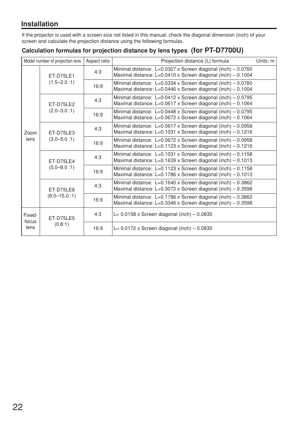 For pt-d7700u), Installation | Panasonic PT-DW7000U User Manual | Page 22 / 116