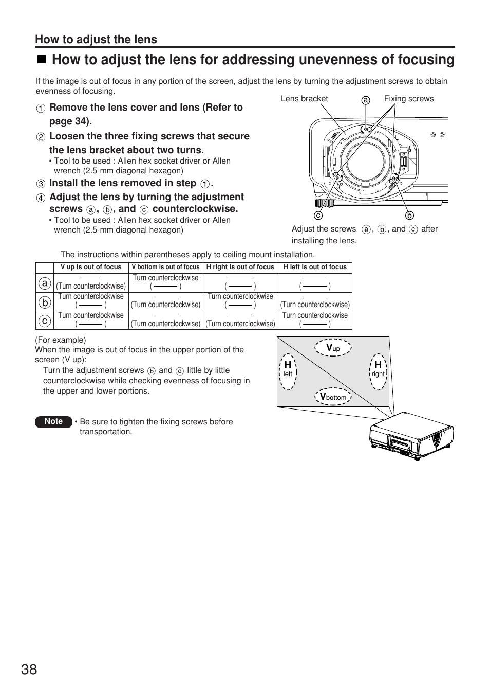 How to adjust the lens | Panasonic PT-DW7000U User Manual | Page 38 / 116