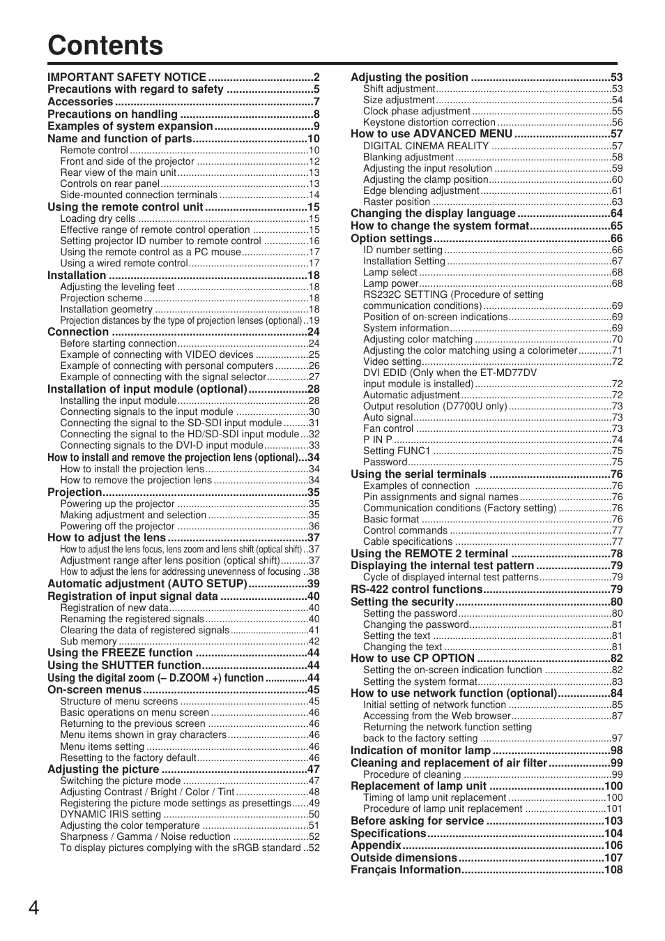 Panasonic PT-DW7000U User Manual | Page 4 / 116