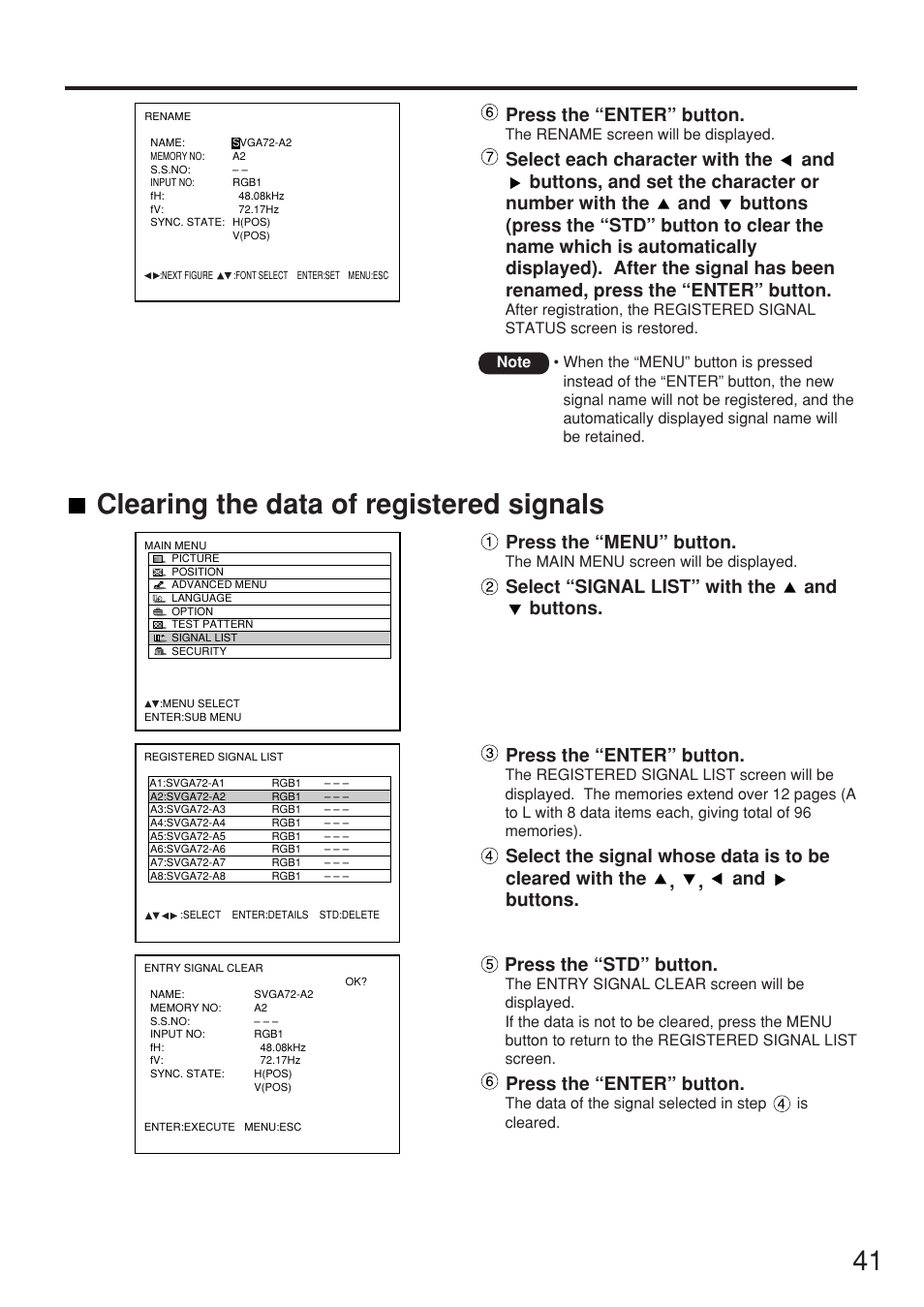 41 clearing the data of registered signals, Press the “menu” button, Press the “std” button | Press the “enter” button | Panasonic PT-DW7000U User Manual | Page 41 / 116
