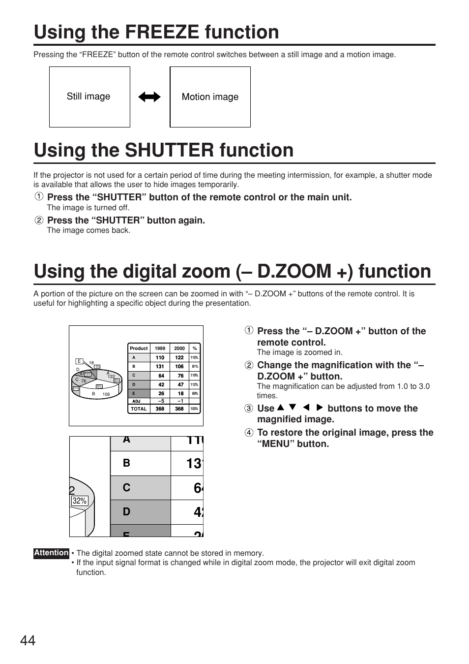 Using the freeze function, Ab c d e, Press the “shutter” button again | Still image motion image | Panasonic PT-DW7000U User Manual | Page 44 / 116