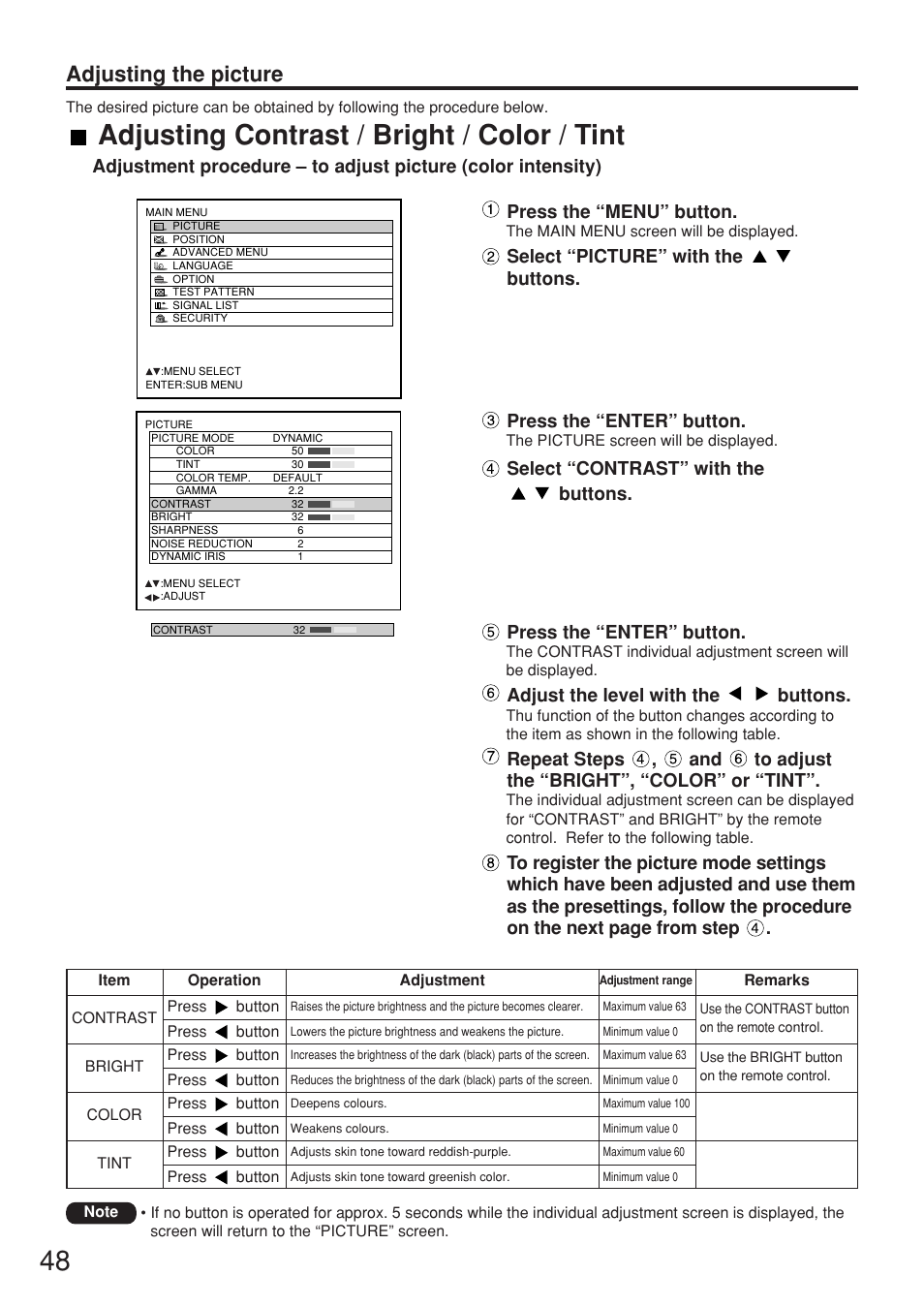 Adjusting contrast / bright / color / tint, Adjusting the picture, Press the “menu” button | Select “picture” with the buttons, Press the “enter” button, Adjust the level with the buttons | Panasonic PT-DW7000U User Manual | Page 48 / 116