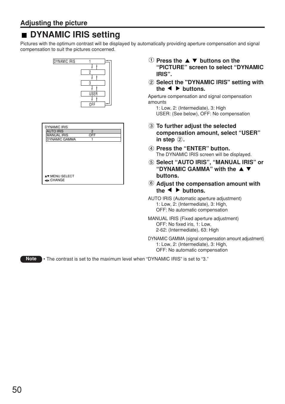 Dynamic iris setting, Adjusting the picture | Panasonic PT-DW7000U User Manual | Page 50 / 116