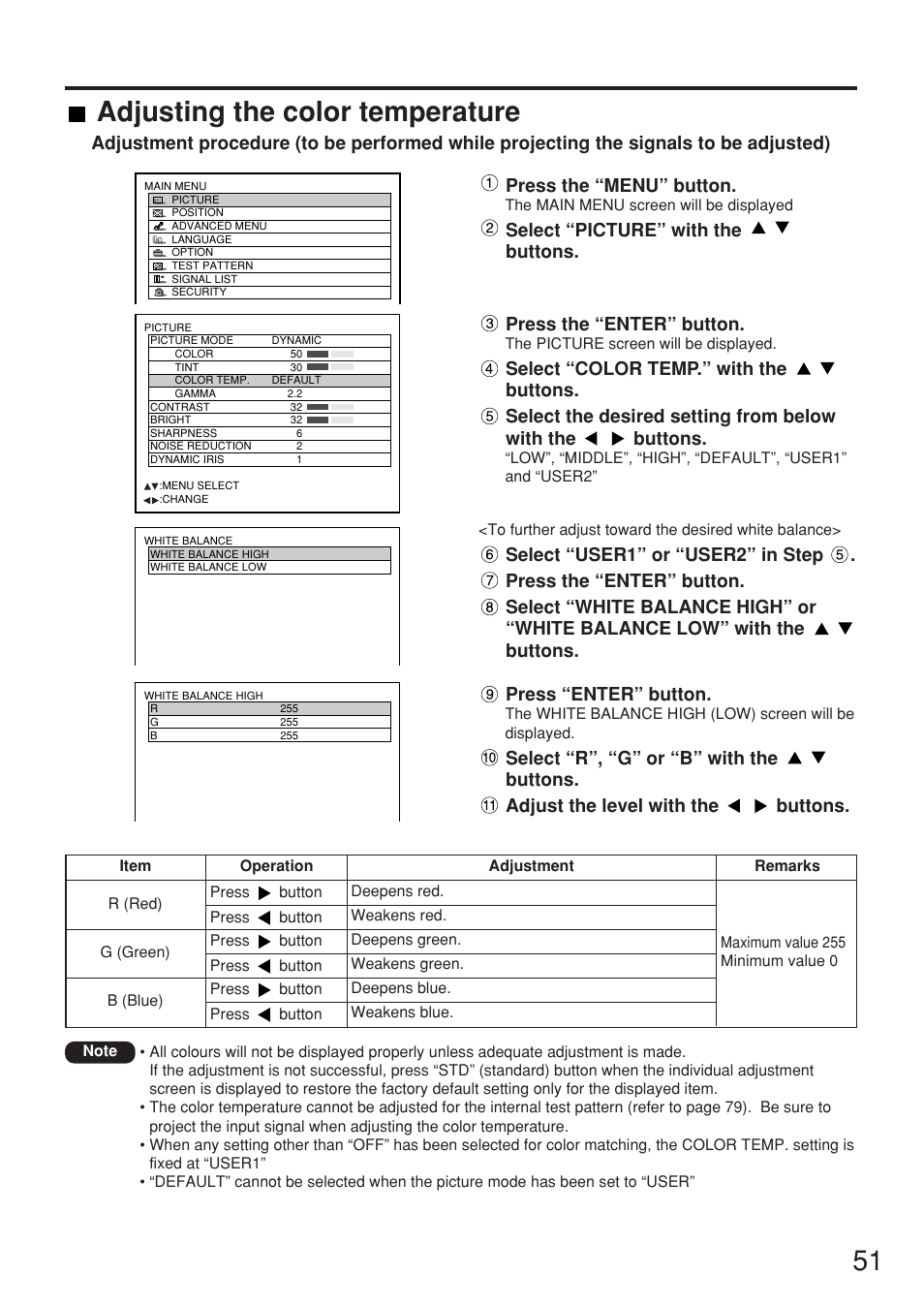 Adjusting the color temperature, Press the “menu” button, Select “picture” with the buttons | Press the “enter” button, Press “enter” button | Panasonic PT-DW7000U User Manual | Page 51 / 116