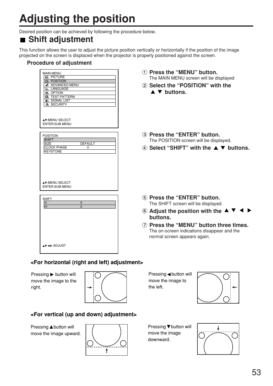 Adjusting the position, Shift adjustment | Panasonic PT-DW7000U User Manual | Page 53 / 116