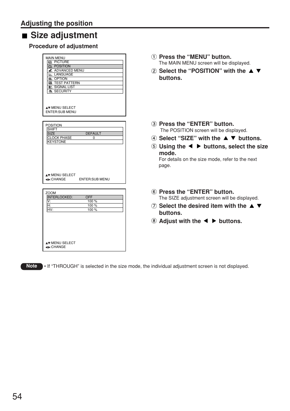 Size adjustment, Adjusting the position | Panasonic PT-DW7000U User Manual | Page 54 / 116
