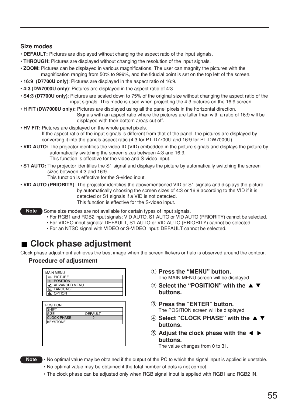 Clock phase adjustment | Panasonic PT-DW7000U User Manual | Page 55 / 116