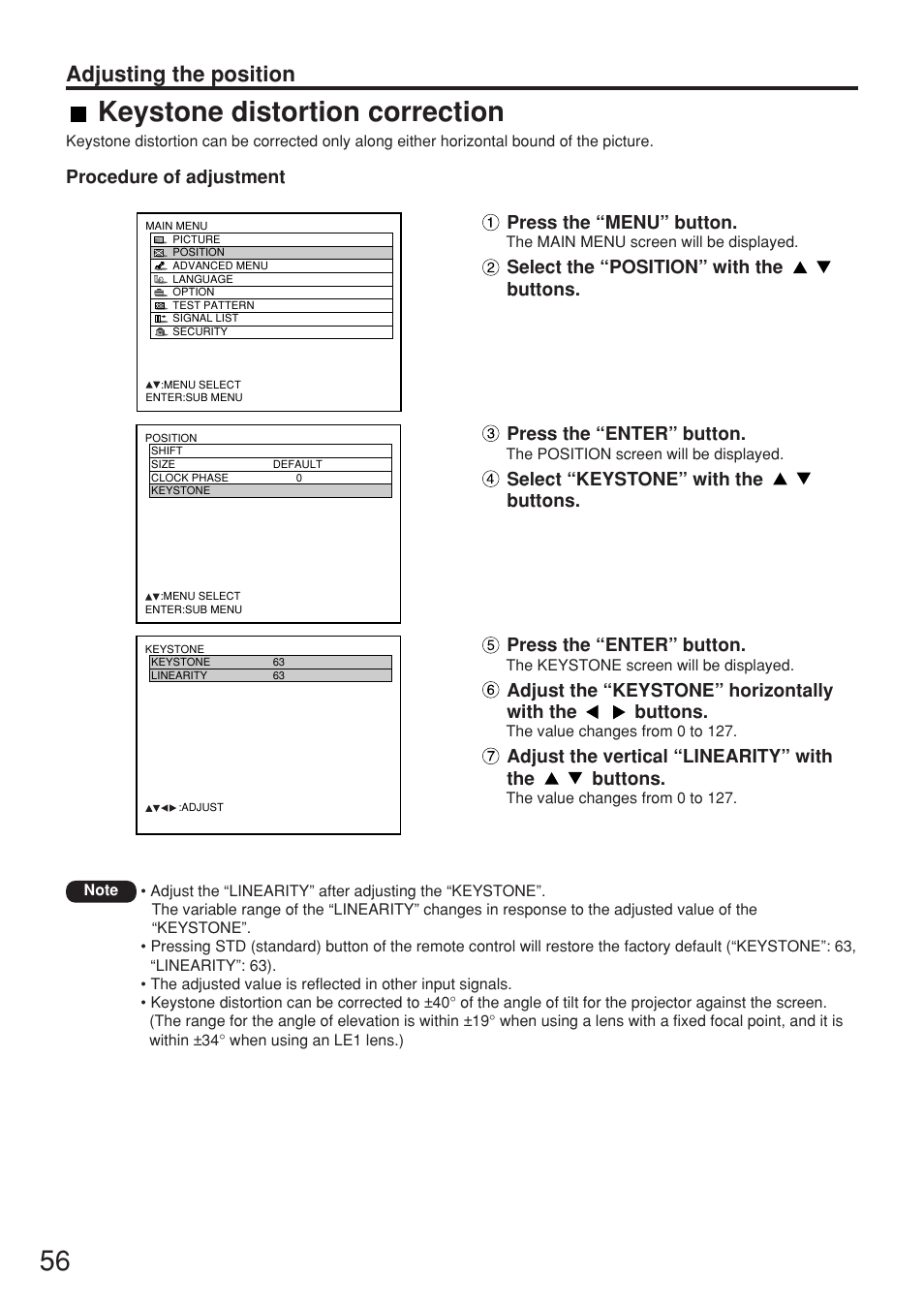 Keystone distortion correction, Adjusting the position | Panasonic PT-DW7000U User Manual | Page 56 / 116