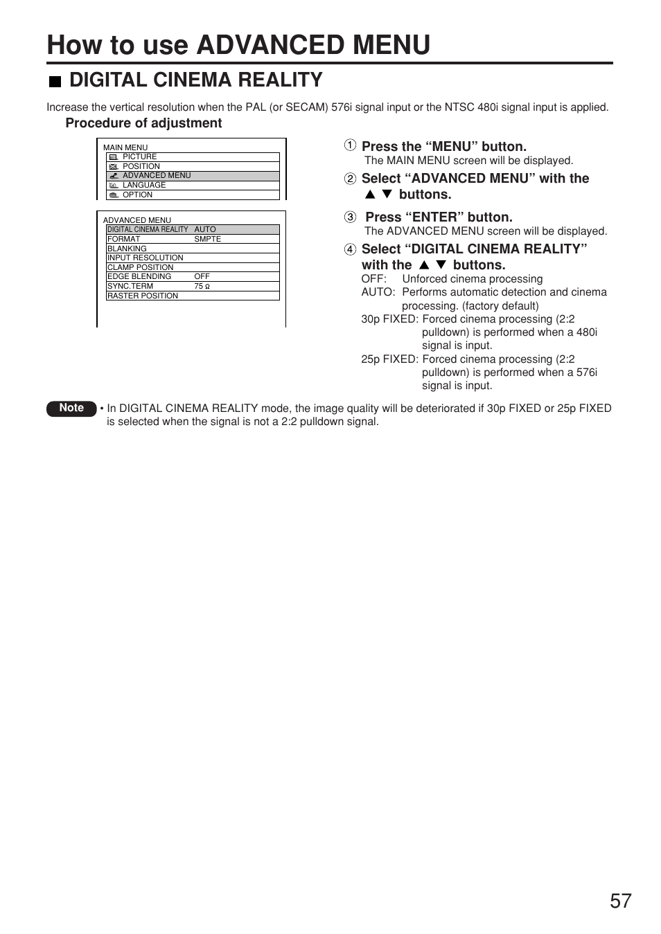 How to use advanced menu, Digital cinema reality | Panasonic PT-DW7000U User Manual | Page 57 / 116