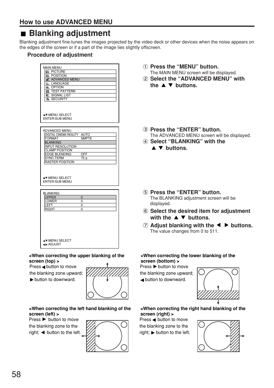 Blanking adjustment, How to use advanced menu, Press the “menu” button | Select the “advanced menu” with the buttons, Press the “enter” button, Select “blanking” with the buttons, Procedure of adjustment | Panasonic PT-DW7000U User Manual | Page 58 / 116