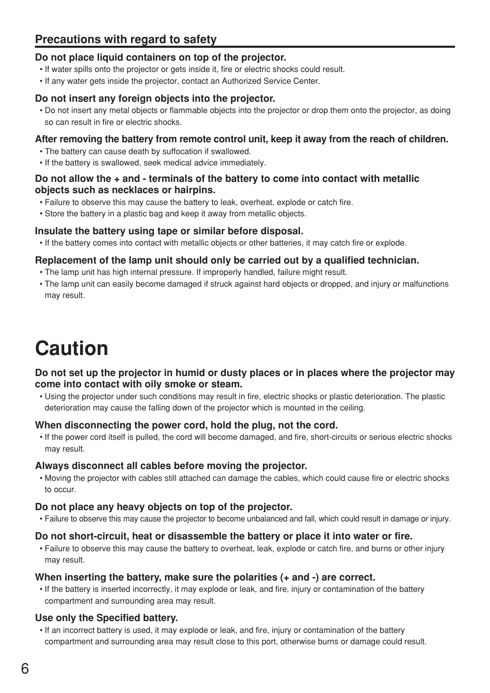 Caution, Precautions with regard to safety | Panasonic PT-DW7000U User Manual | Page 6 / 116