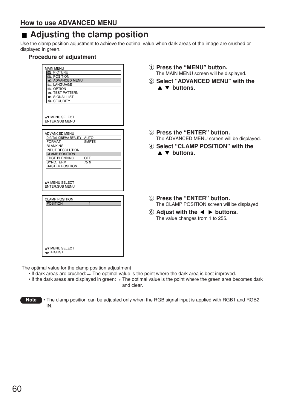 Adjusting the clamp position, How to use advanced menu | Panasonic PT-DW7000U User Manual | Page 60 / 116
