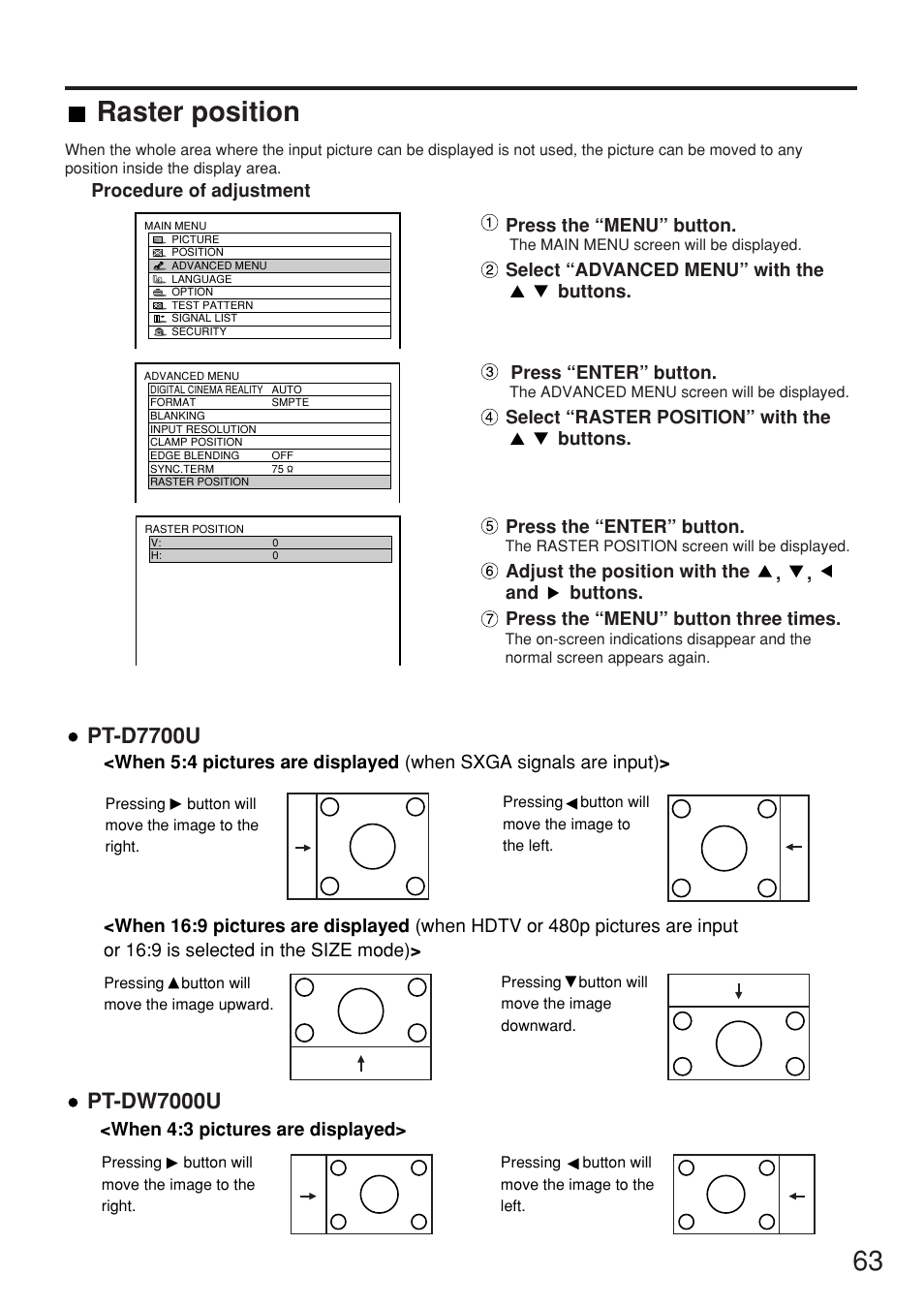 Raster position, Pt-d7700u, Pt-dw7000u | Panasonic PT-DW7000U User Manual | Page 63 / 116
