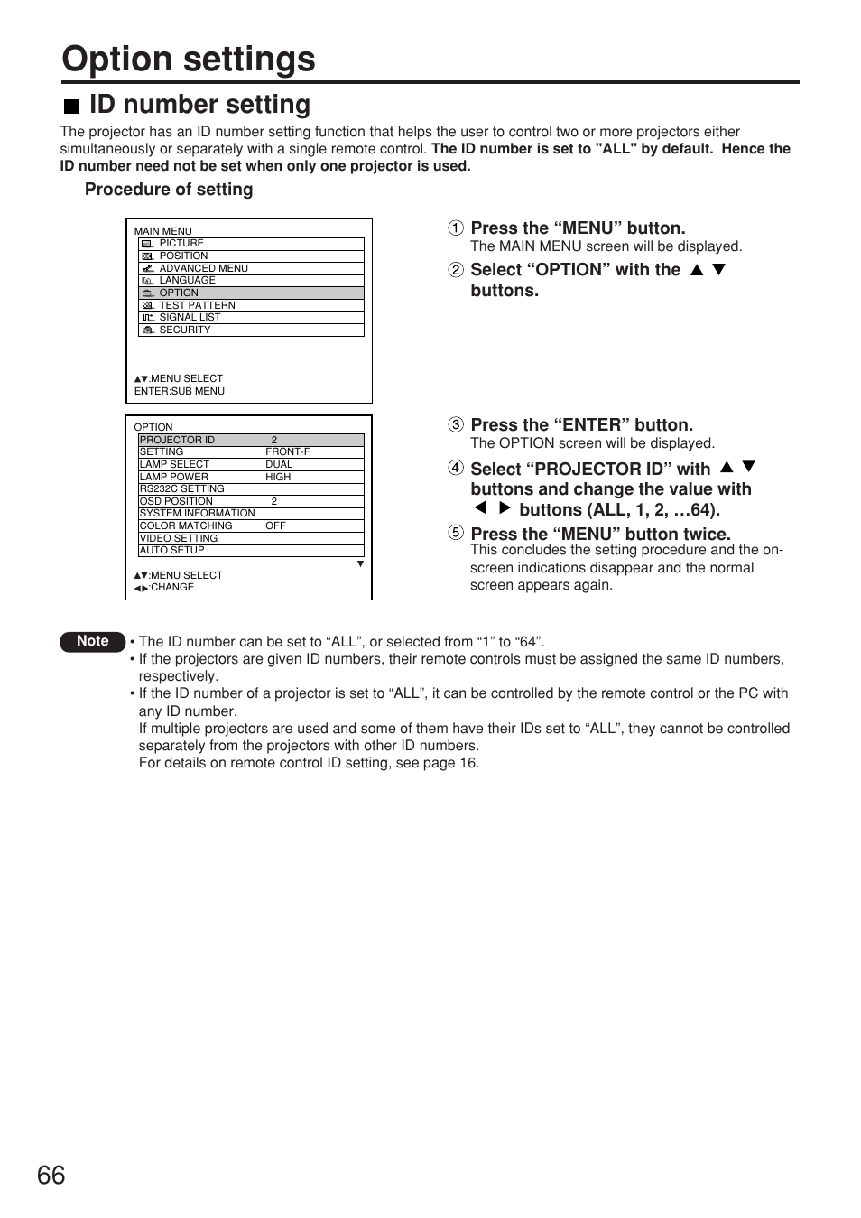 Option settings, Id number setting | Panasonic PT-DW7000U User Manual | Page 66 / 116