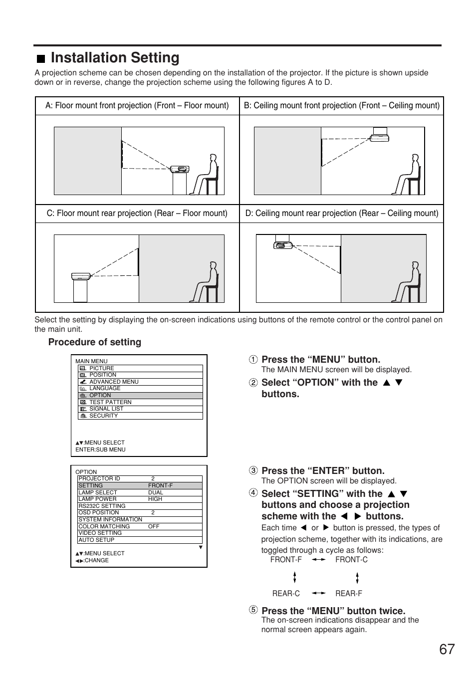Installation setting, Procedure of setting, Press the “menu” button | Press the “menu” button twice | Panasonic PT-DW7000U User Manual | Page 67 / 116