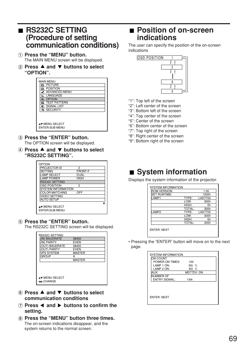 69 position of on-screen indications, System information, Press the “menu” button | Panasonic PT-DW7000U User Manual | Page 69 / 116