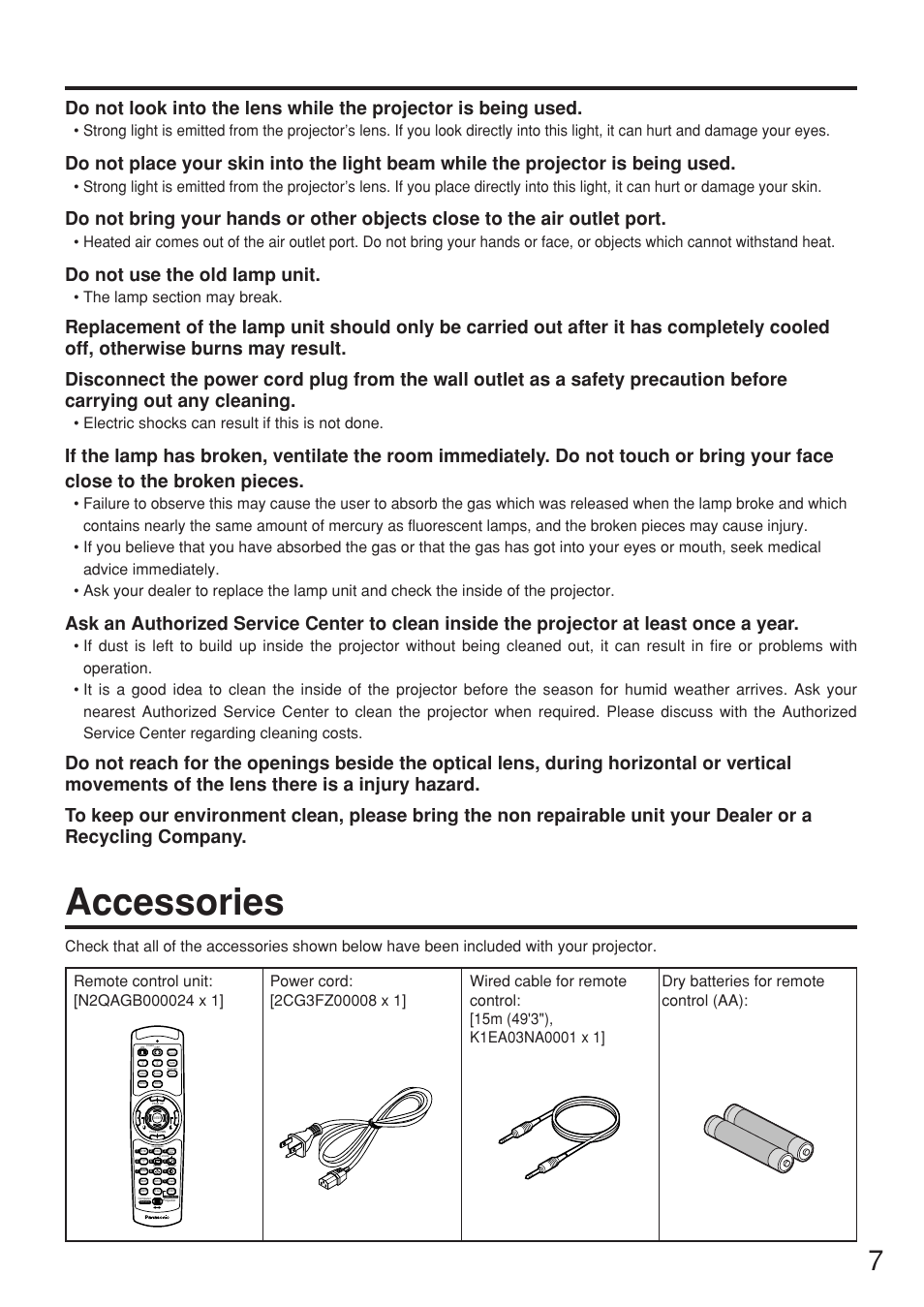 Accessories, Do not use the old lamp unit, Electric shocks can result if this is not done | Panasonic PT-DW7000U User Manual | Page 7 / 116