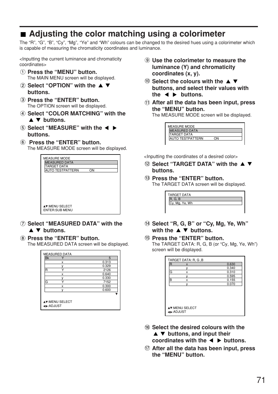 Adjusting the color matching using a colorimeter, Press the “menu” button | Panasonic PT-DW7000U User Manual | Page 71 / 116