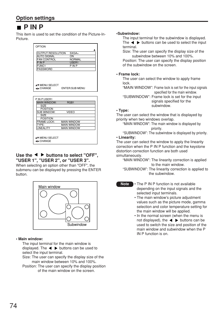 P in p, Option settings | Panasonic PT-DW7000U User Manual | Page 74 / 116