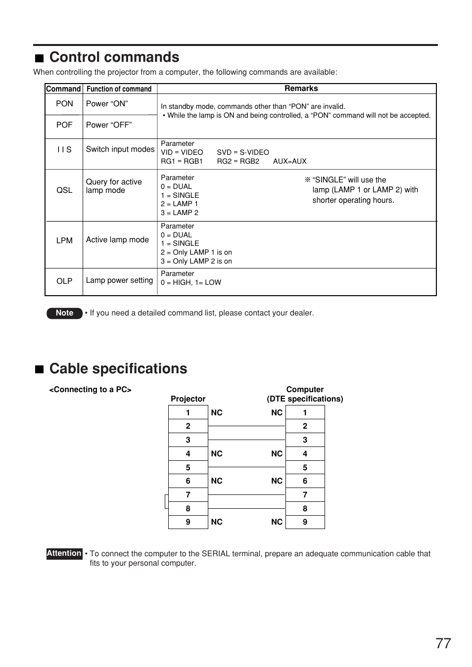 77 control commands, Cable specifications | Panasonic PT-DW7000U User Manual | Page 77 / 116