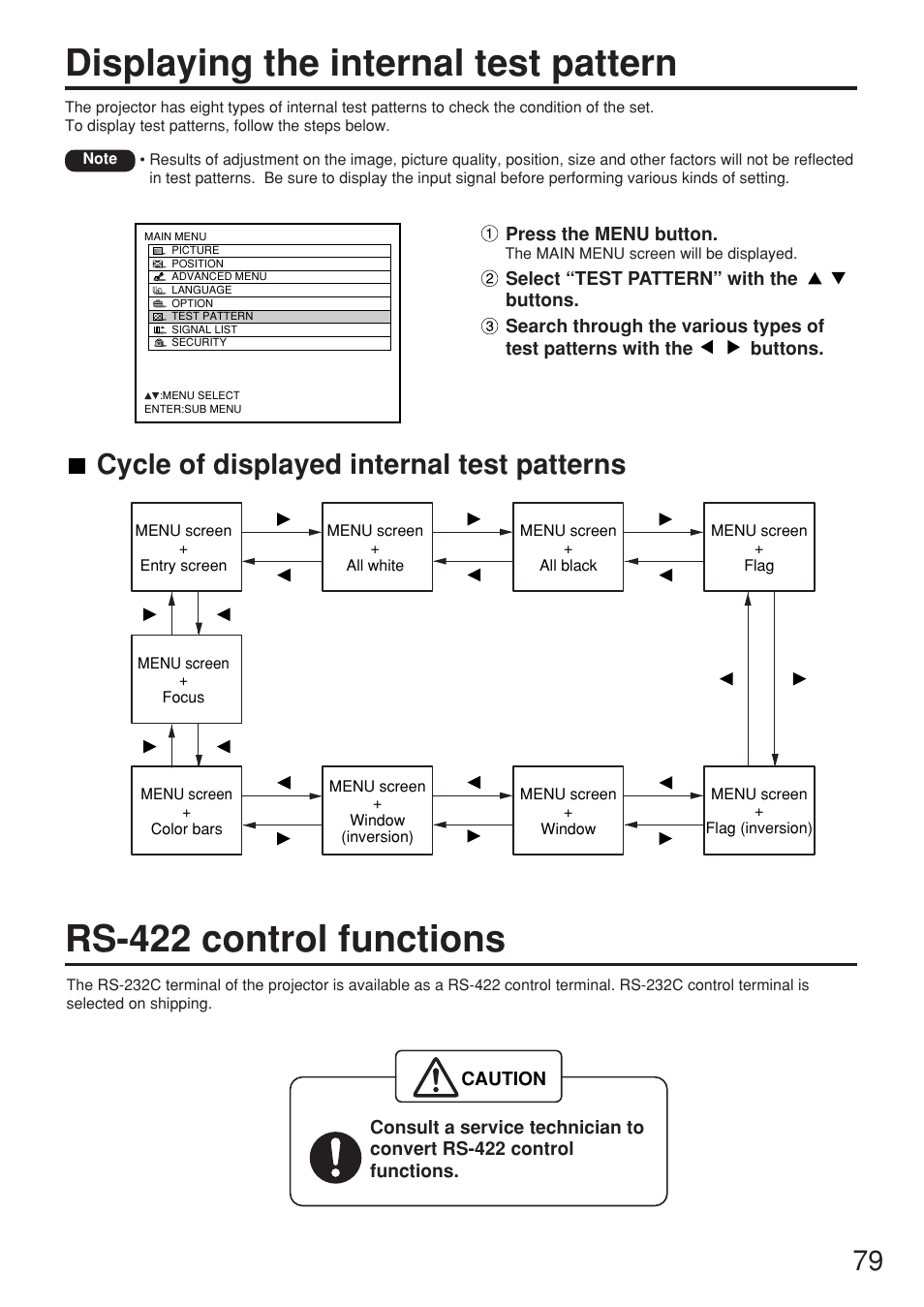 Displaying the internal test pattern, Rs-422 control functions, Cycle of displayed internal test patterns | Panasonic PT-DW7000U User Manual | Page 79 / 116