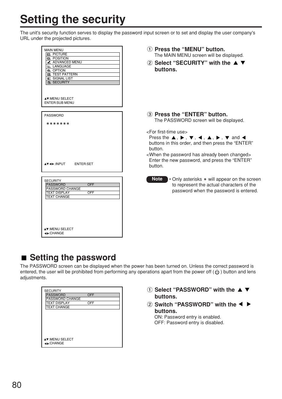 Setting the security, Setting the password, Press the “menu” button | Press the “enter” button | Panasonic PT-DW7000U User Manual | Page 80 / 116