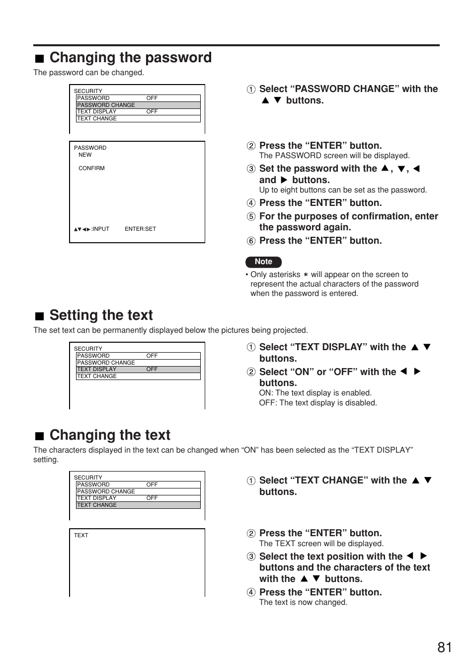 Changing the password, Setting the text, Changing the text | Panasonic PT-DW7000U User Manual | Page 81 / 116