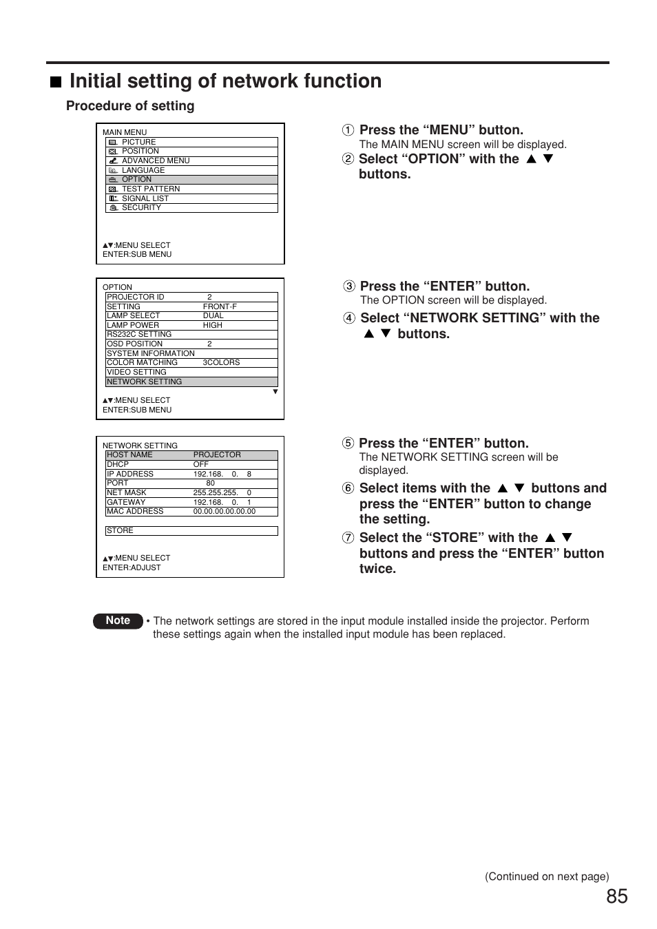 Initial setting of network function, Press the “enter” button, Select “network setting” with the buttons | Procedure of setting press the “menu” button, Select “option” with the buttons | Panasonic PT-DW7000U User Manual | Page 85 / 116