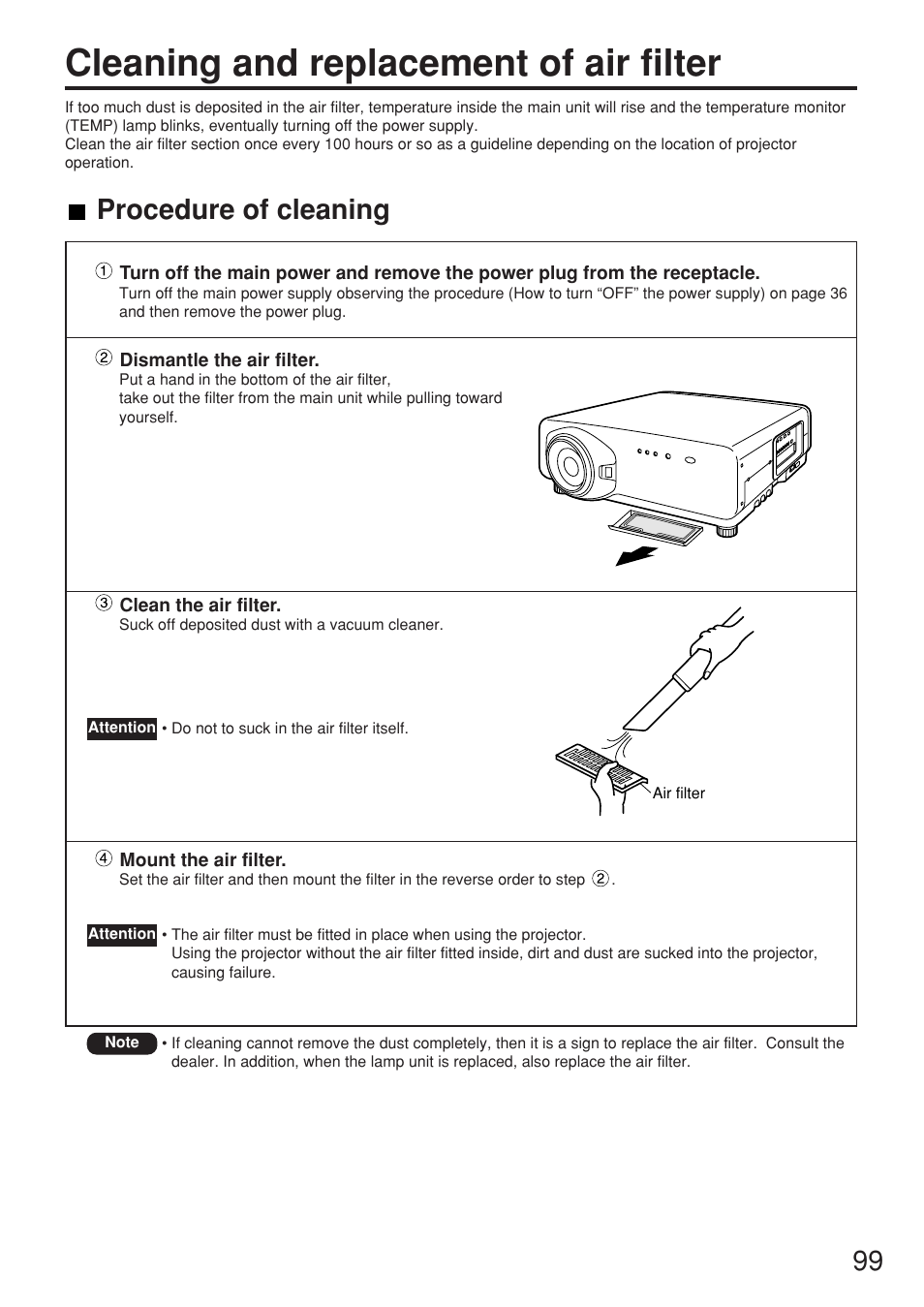 Cleaning and replacement of air filter, Procedure of cleaning | Panasonic PT-DW7000U User Manual | Page 99 / 116