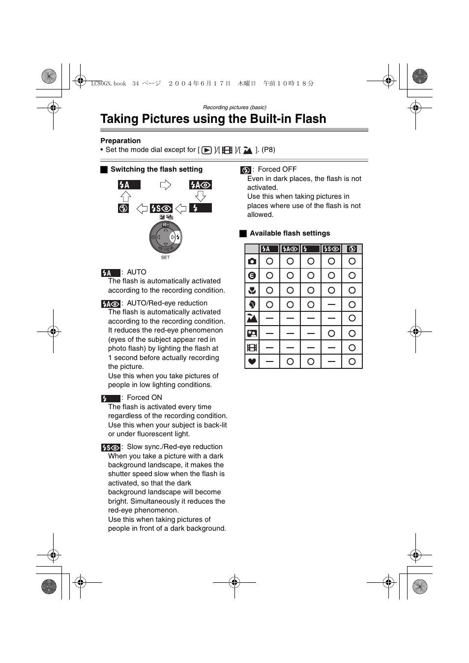 Taking pictures using the built-in flash | Panasonic DMC-LC50GN User Manual | Page 34 / 100