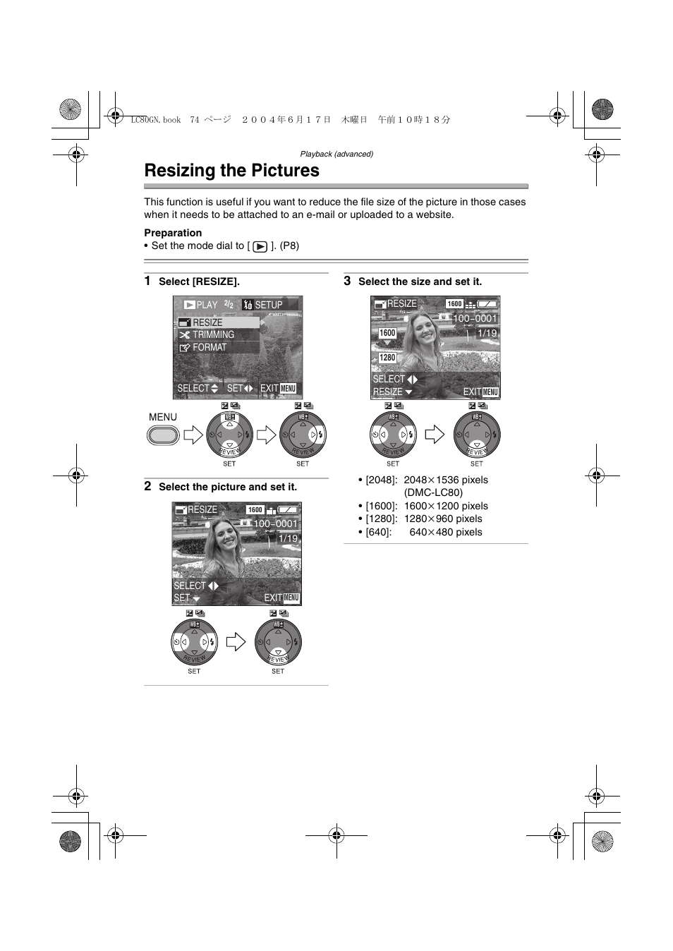 Resizing the pictures | Panasonic DMC-LC50GN User Manual | Page 74 / 100