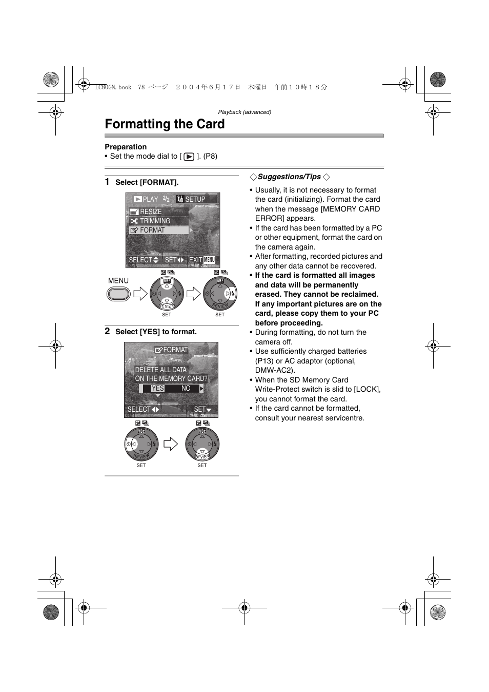 Formatting the card | Panasonic DMC-LC50GN User Manual | Page 78 / 100