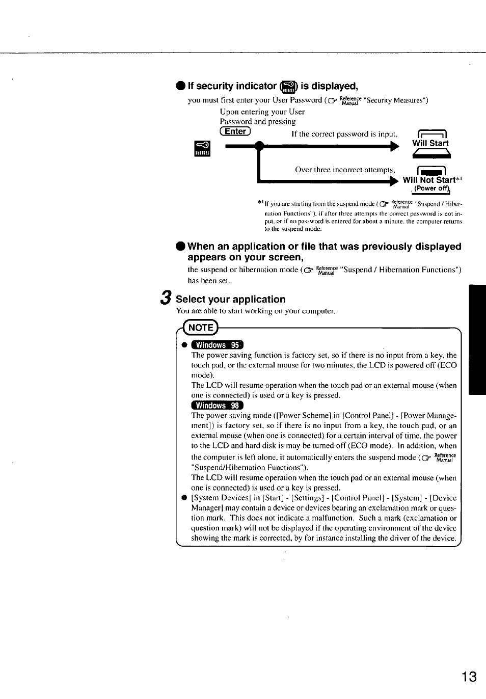 If security indicator (bd is displayed, Will not start, Select your application | Panasonic TOUGHBOOK CF-47 User Manual | Page 13 / 32
