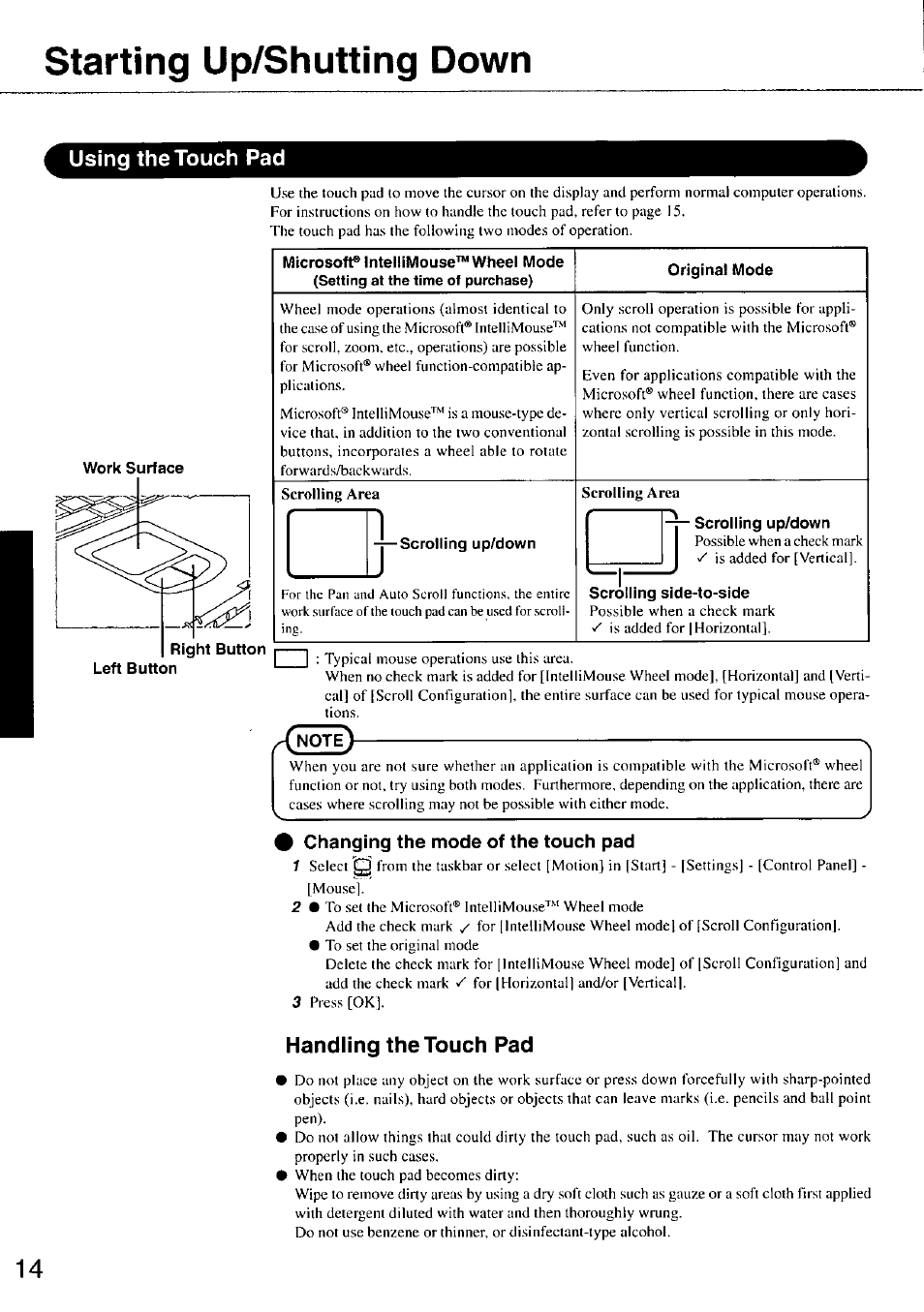 Using the touch pad, Work surface, Right button left button | Original mode, Scrolling up/down, Scrolling side-to-side, Changing the mode of the touch pad, Handling the touch pad, Starting up/shutting down | Panasonic TOUGHBOOK CF-47 User Manual | Page 14 / 32