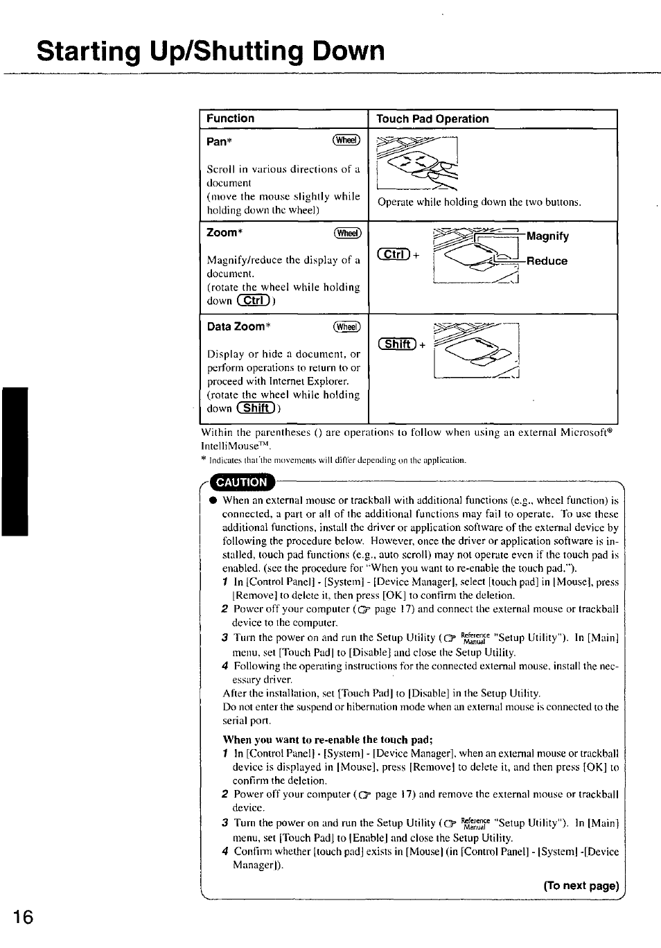 Function, Touch pad operation, Zoom | Magnify, Data zoom, Shift, Starting up/shutting down, Csd) | Panasonic TOUGHBOOK CF-47 User Manual | Page 16 / 32
