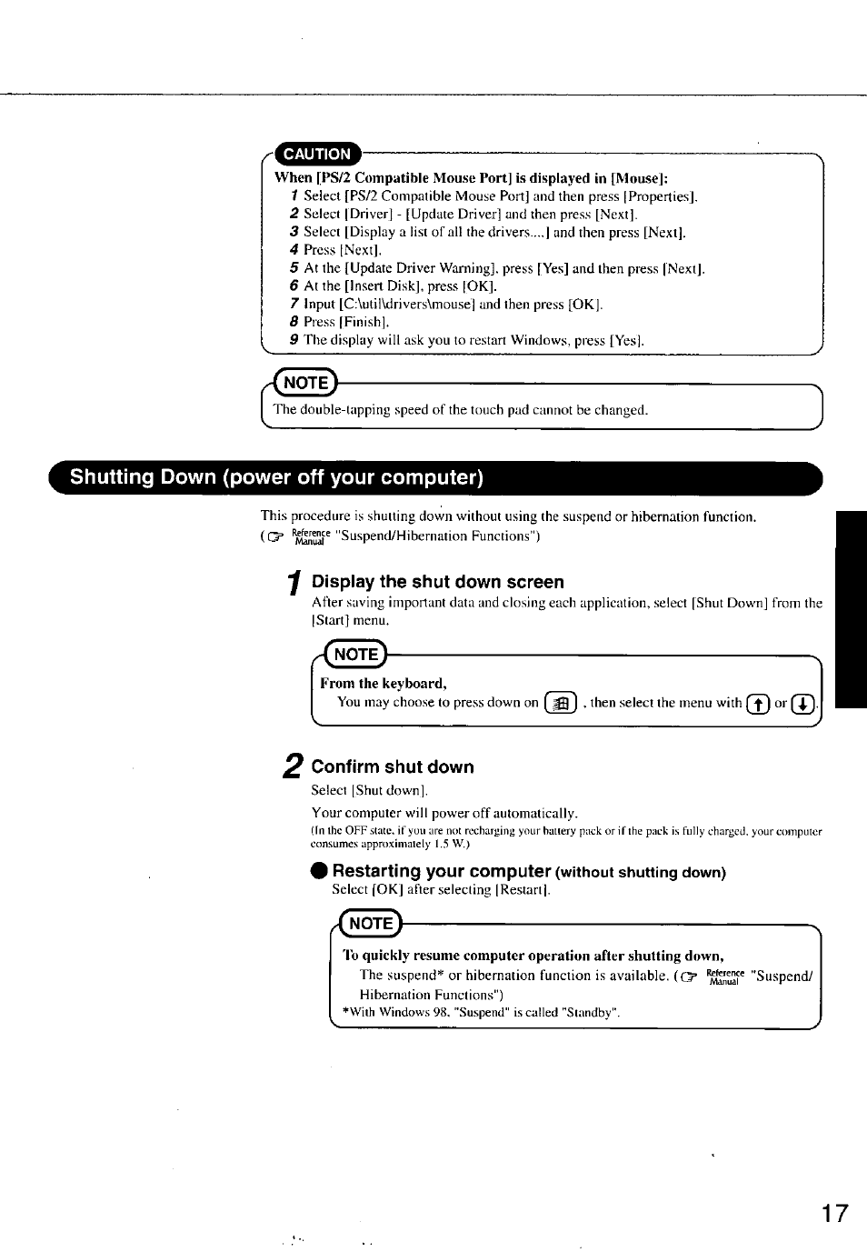 Shutting down (power off your computer), Y display the shut down screen, 2 confirm shut down | Restarting your computer (without shutting down) | Panasonic TOUGHBOOK CF-47 User Manual | Page 17 / 32