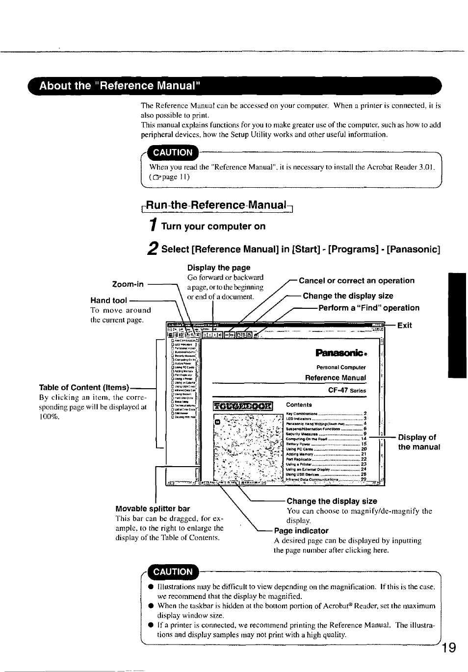 About the "reference manual, Prun-the reference manual, 1 turn | Cancel or correct an operation, Change the display size, Perform a “find” operation, Exit, Display of the manual | Panasonic TOUGHBOOK CF-47 User Manual | Page 19 / 32