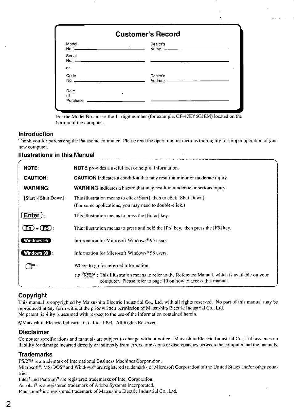 Customer's record, Introduction, Illustrations in this manual | Note, Caution, Warning, F&ïïit), Copyright, Disclaimer, Trademarks | Panasonic TOUGHBOOK CF-47 User Manual | Page 2 / 32