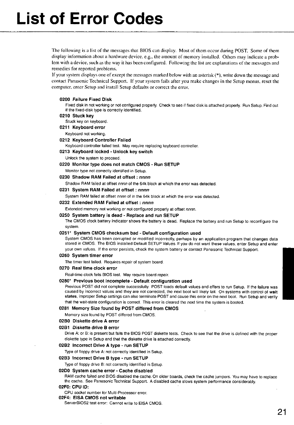 List of error codes, 0200 failure fixed disk, 02b2 incorrect drive a type - run setup | 02b3 incorrect drive b type - run setup, 02do system cache error - cache disabled, 02f0: cpu id, 02f4: eisa cmos not writable | Panasonic TOUGHBOOK CF-47 User Manual | Page 21 / 32