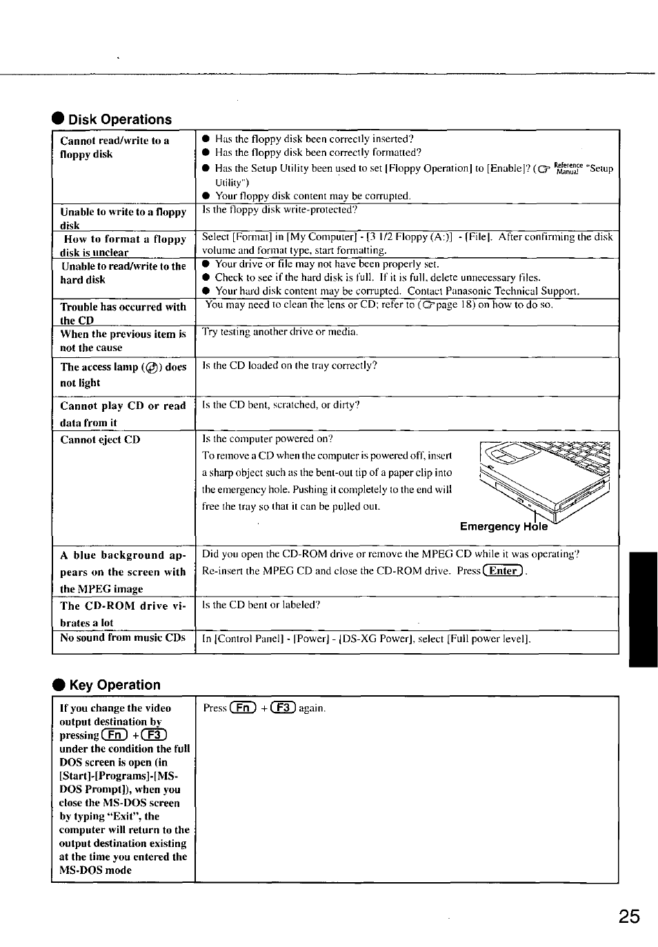 Disk operations, Key operation | Panasonic TOUGHBOOK CF-47 User Manual | Page 25 / 32